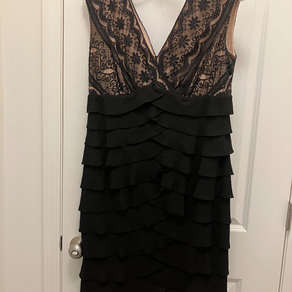 Black embroidered lace and ruffled cocktail dress